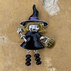 Halloween Silver Tone Enamel Witch Brooch Pin Articulated Legs Jack-O-Lantern